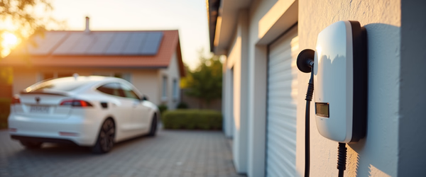 Nahaufnahme einer an einer Hauswand montierten E-Auto-Ladestation. Im unscharfen Hintergrund ein Elektroauto und ein Wohnhaus mit Solaranlage.