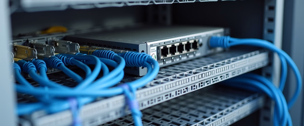 Blaue Ethernet-Kabel angeschlossen an einen Netzwerk-Switch in einem Server-Rack.