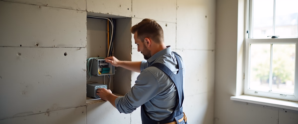 Ein Elektriker arbeitet an der Elektroinstallation in einer rohen Betonwand eines Neubaus.